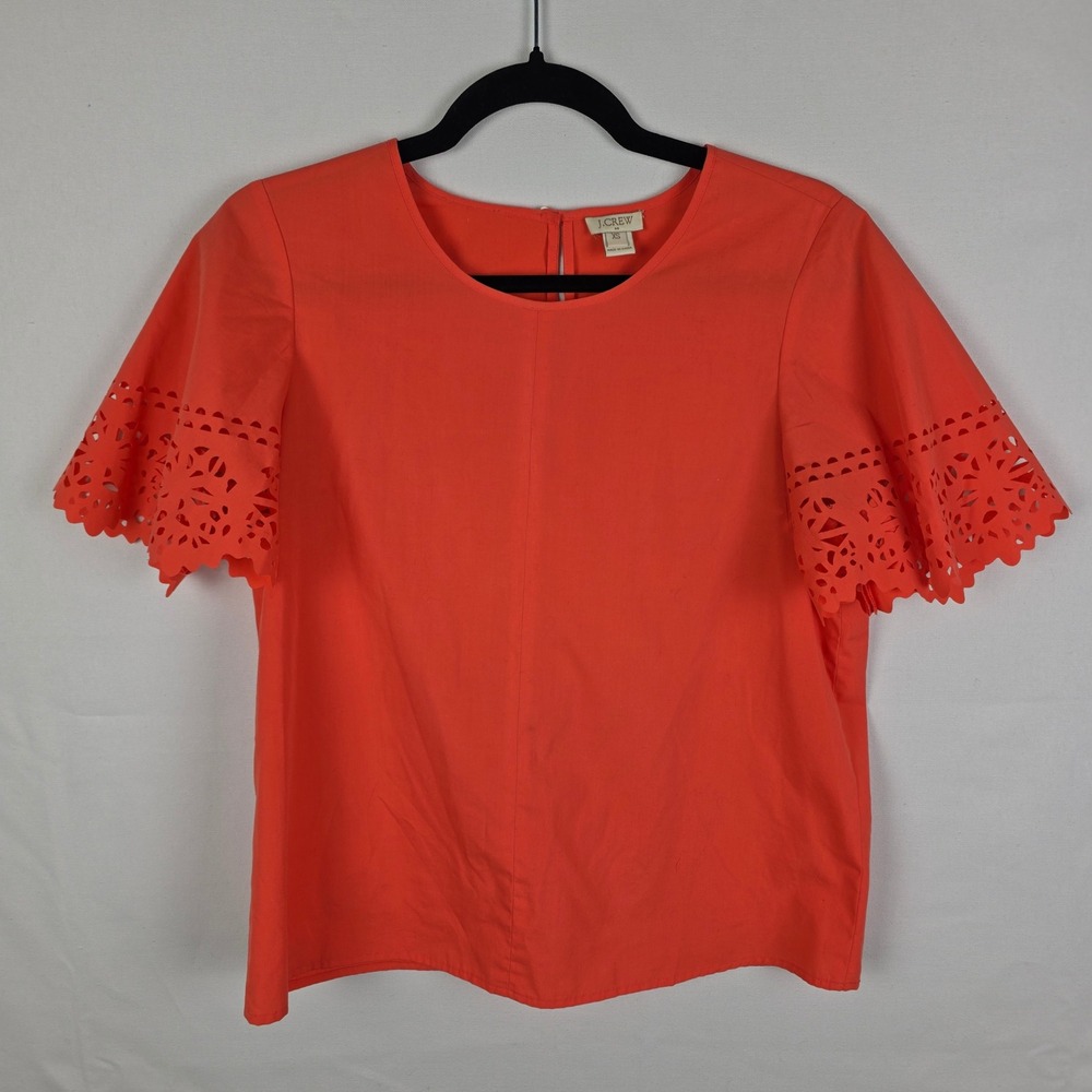 J.Crew Womens XS Coral Orange Eyelet Laser Cut Short Sleeve Blouse Top